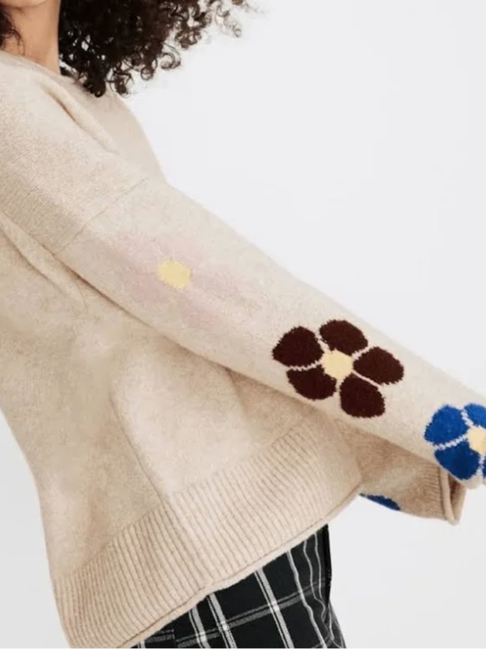 Madewell Cream Crewneck Sweater with Multicolor Floral Sleeves